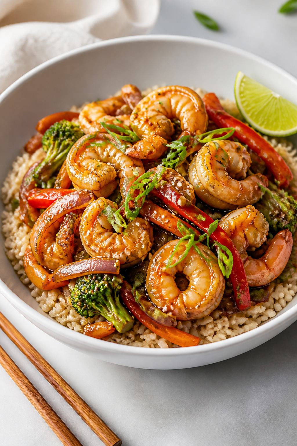 Beautifully plated High Protein Shrimp Stir Fry as a final dish: glistening pink shrimp and colorful