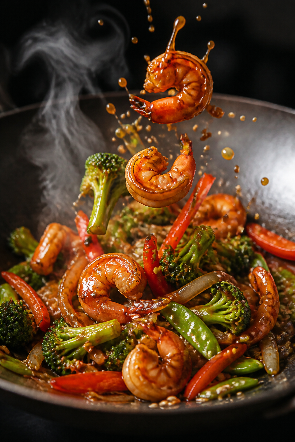 Close-up action shot of seared shrimp being tossed back into a sizzling wok with glossy soy-garlic-g