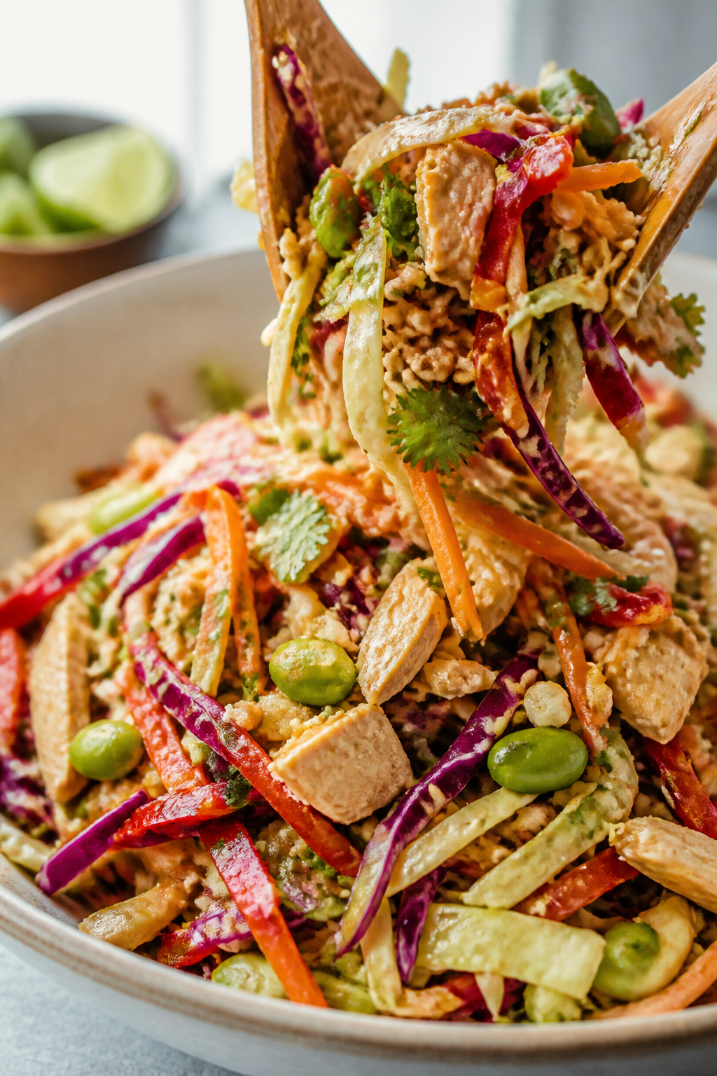 Close-up detail: A bowl of the finished Crunchy Asian Chicken Protein Salad being gently tossed, sho