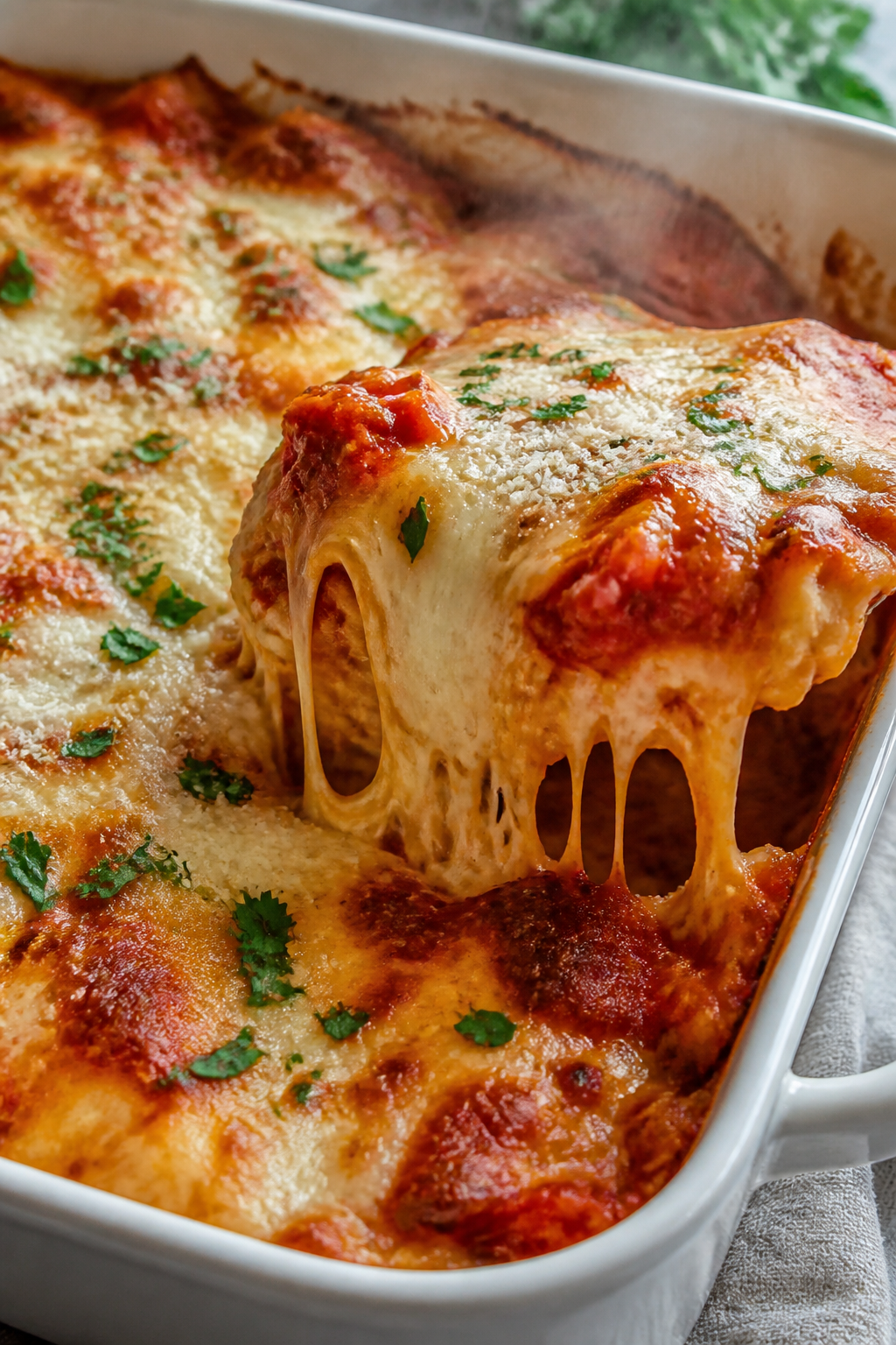 Close-up detail: A bubbling Cottage Cheese Lasagna Bake just after uncovering, golden mozzarella and