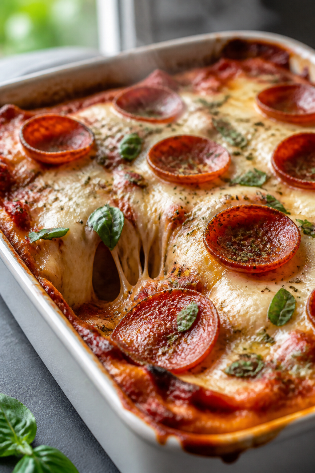 Close-up detail: A bubbling high-protein pizza casserole just out of the oven, showcasing melty part