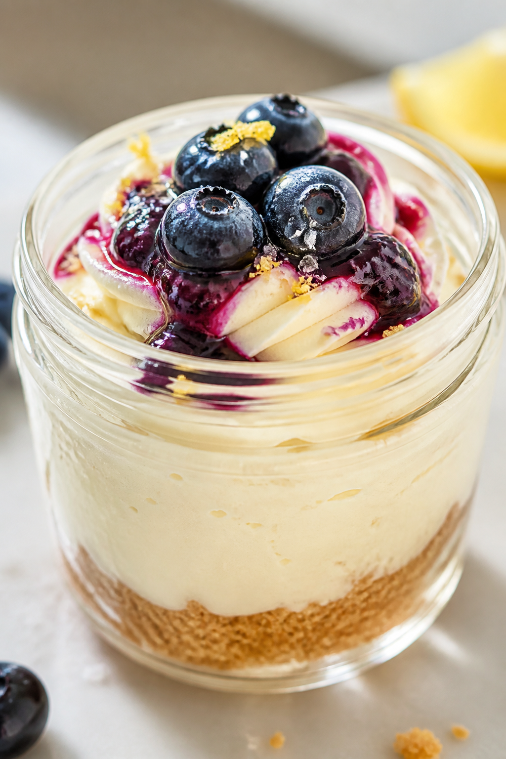 Close-up detail: A chilled cheesecake jar with a lightly packed golden graham crust base and ultra-s