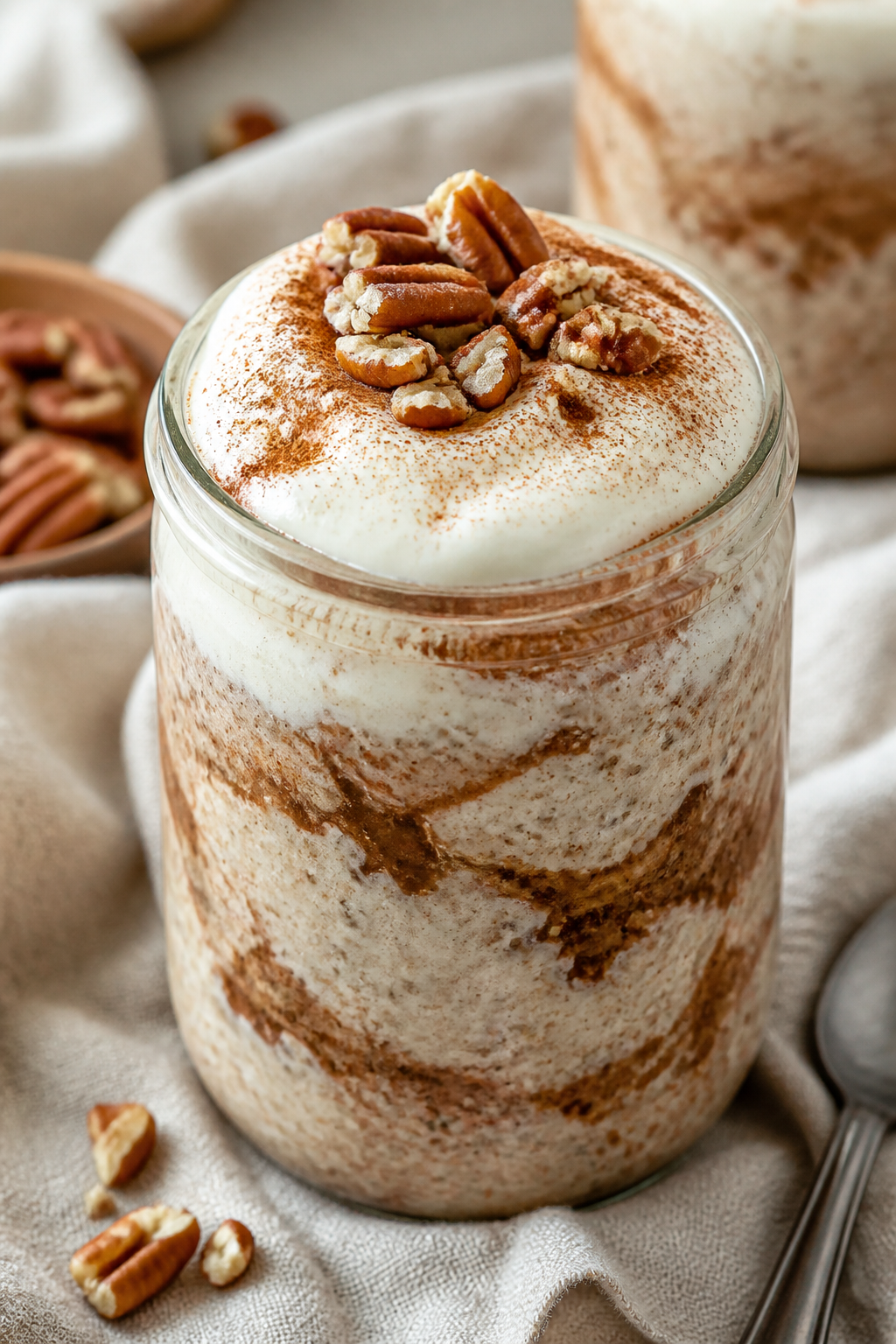 Close-up detail: A chilled jar of Cinnamon Roll High Protein Overnight Oats with a defined cinnamon-