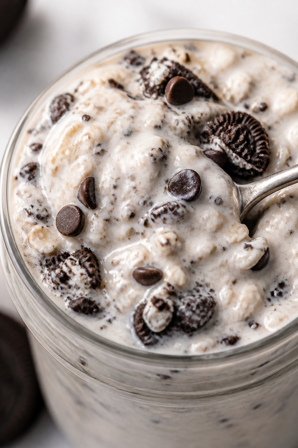 Close-up detail: A chilled jar of cookies & cream high-protein overnight oats just stirred, showing