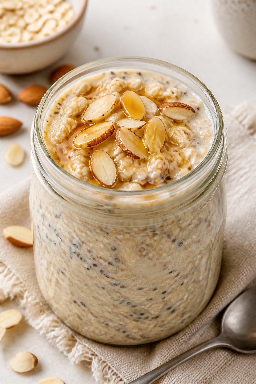 Close-up detail: A chilled jar of vanilla almond high-protein overnight oats just stirred, showing u