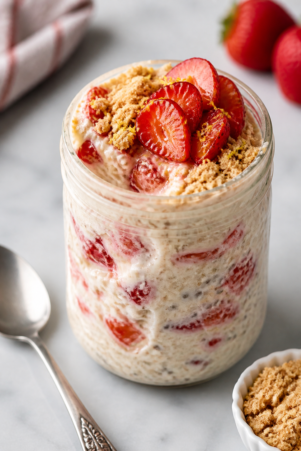 Close-up detail: A chilled mason jar of strawberry cheesecake high-protein overnight oats just after