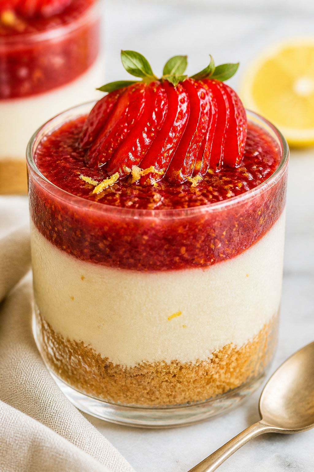 Close-up detail: A chilled strawberry cheesecake cup with a firmly set graham cracker crust and ultr