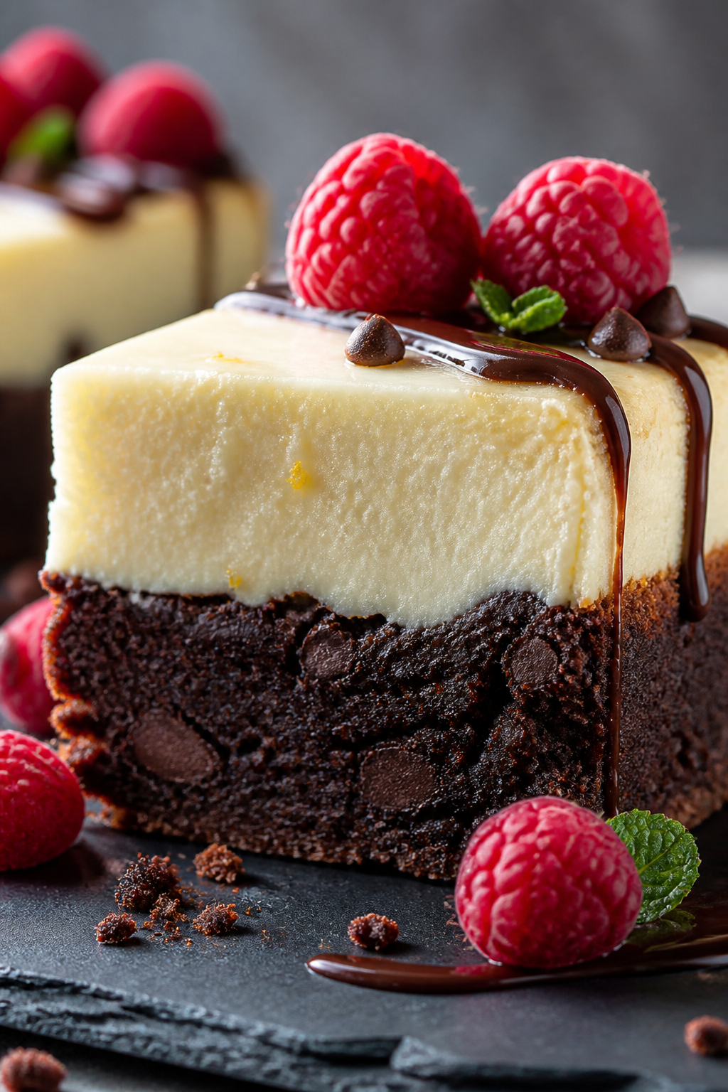 Close-up detail: A clean slice of High Protein Brownie Bottom Cheesecake just after chilling, showin