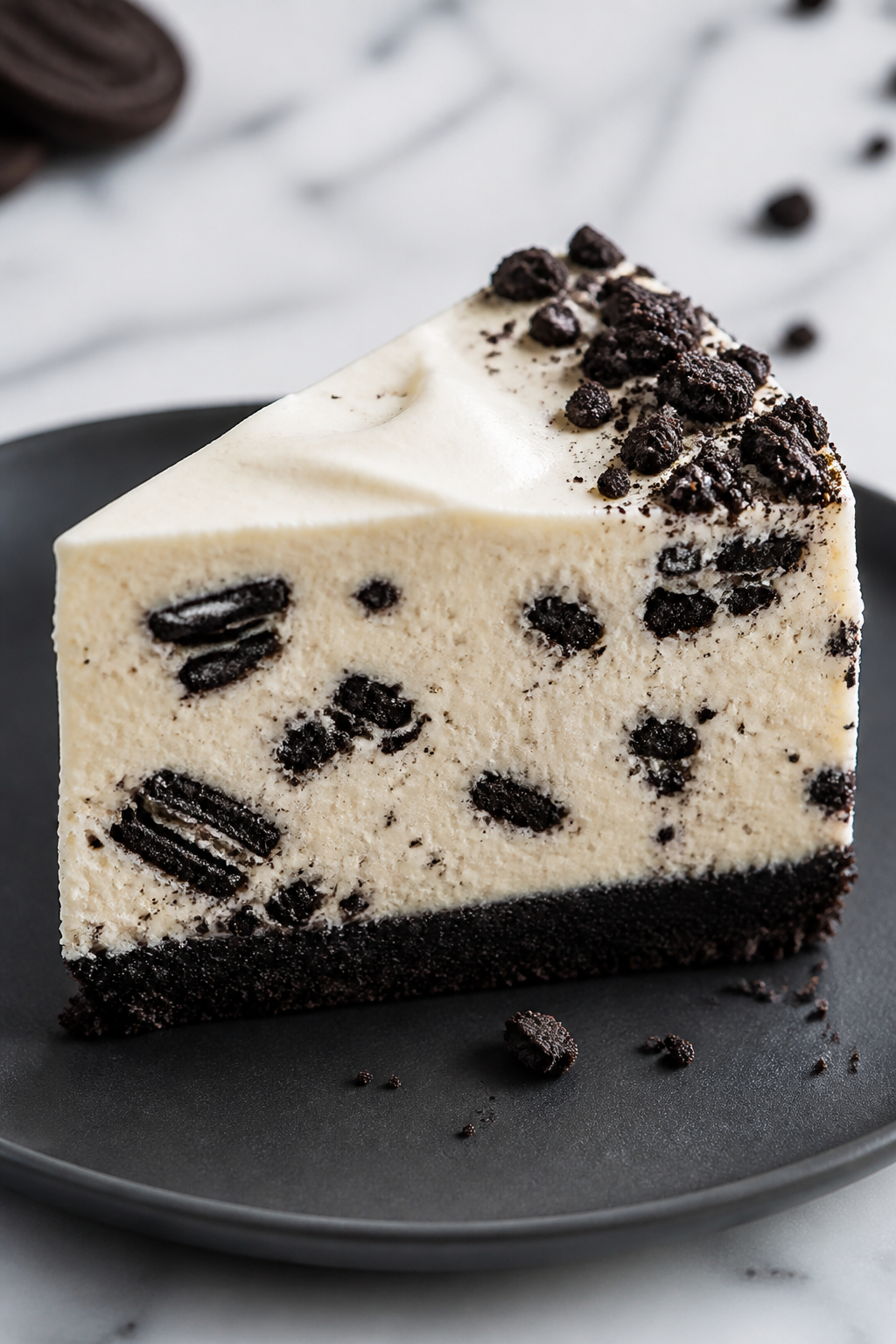Close-up detail: A clean slice of High Protein Oreo Cheesecake just after chilling, showing a glossy