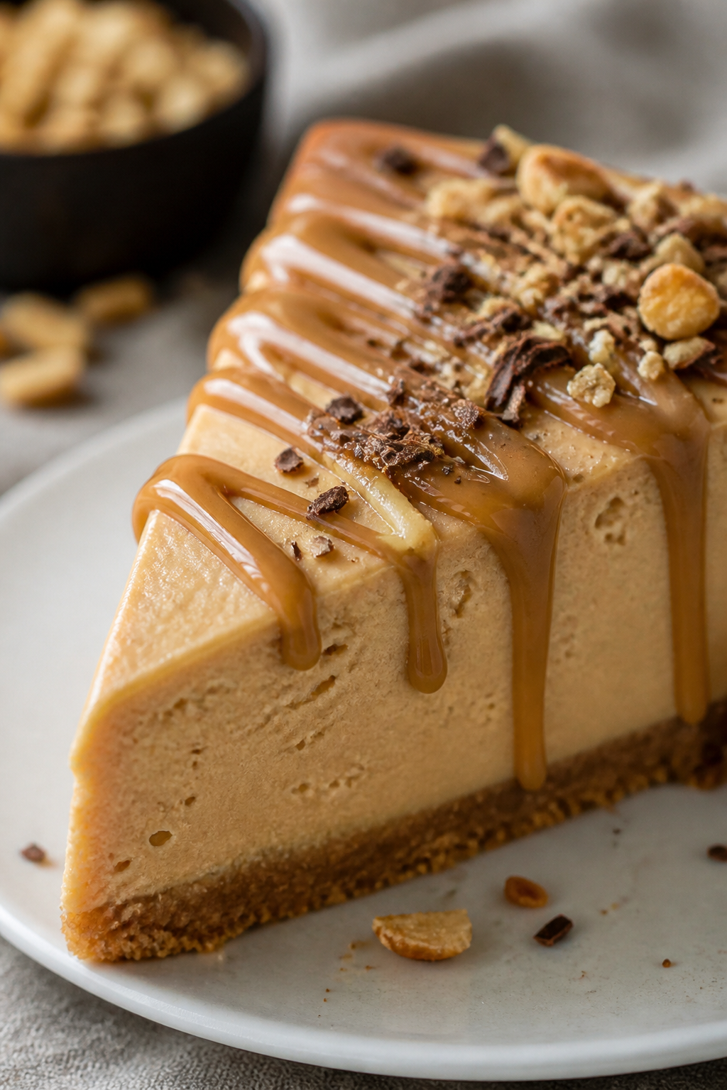 Close-up detail: A creamy slice of High Protein Peanut Butter Cheesecake just after chilling, showin