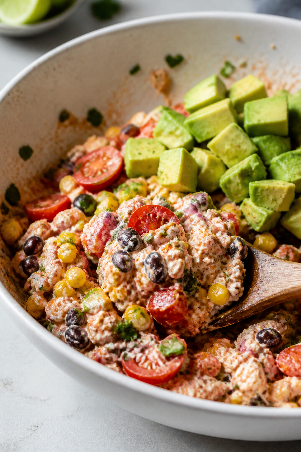 Close-up detail: A creamy spoonful of the prepared Spicy Southwest Cottage Cheese Salad being folded
