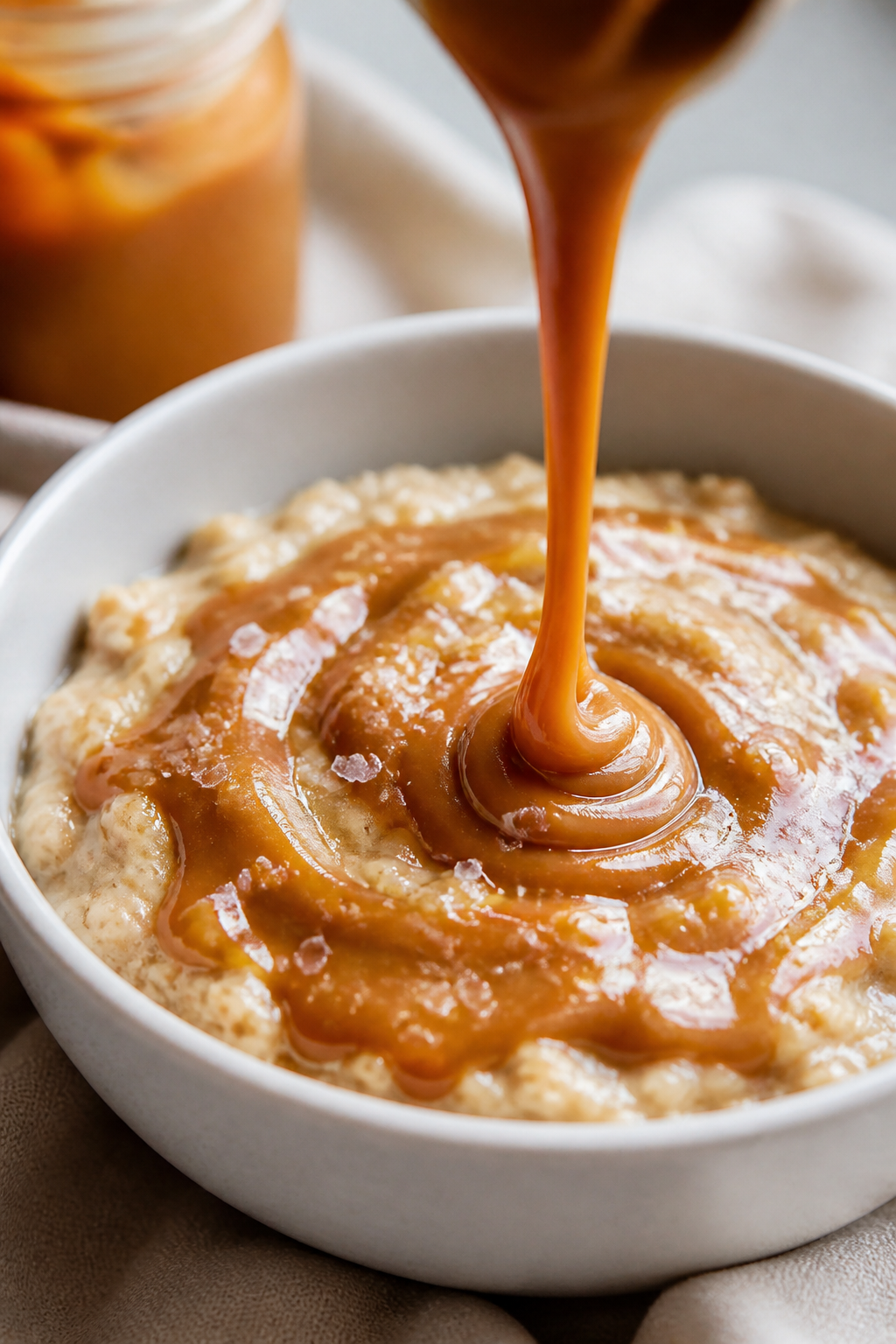 Close-up detail: A creamy swirl of salted caramel being drizzled over freshly cooked rolled-oat oatm