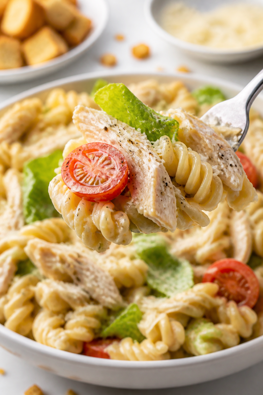 Close-up detail: A forkful of High Protein Caesar Pasta Salad lifted from a bowl, showcasing al dent
