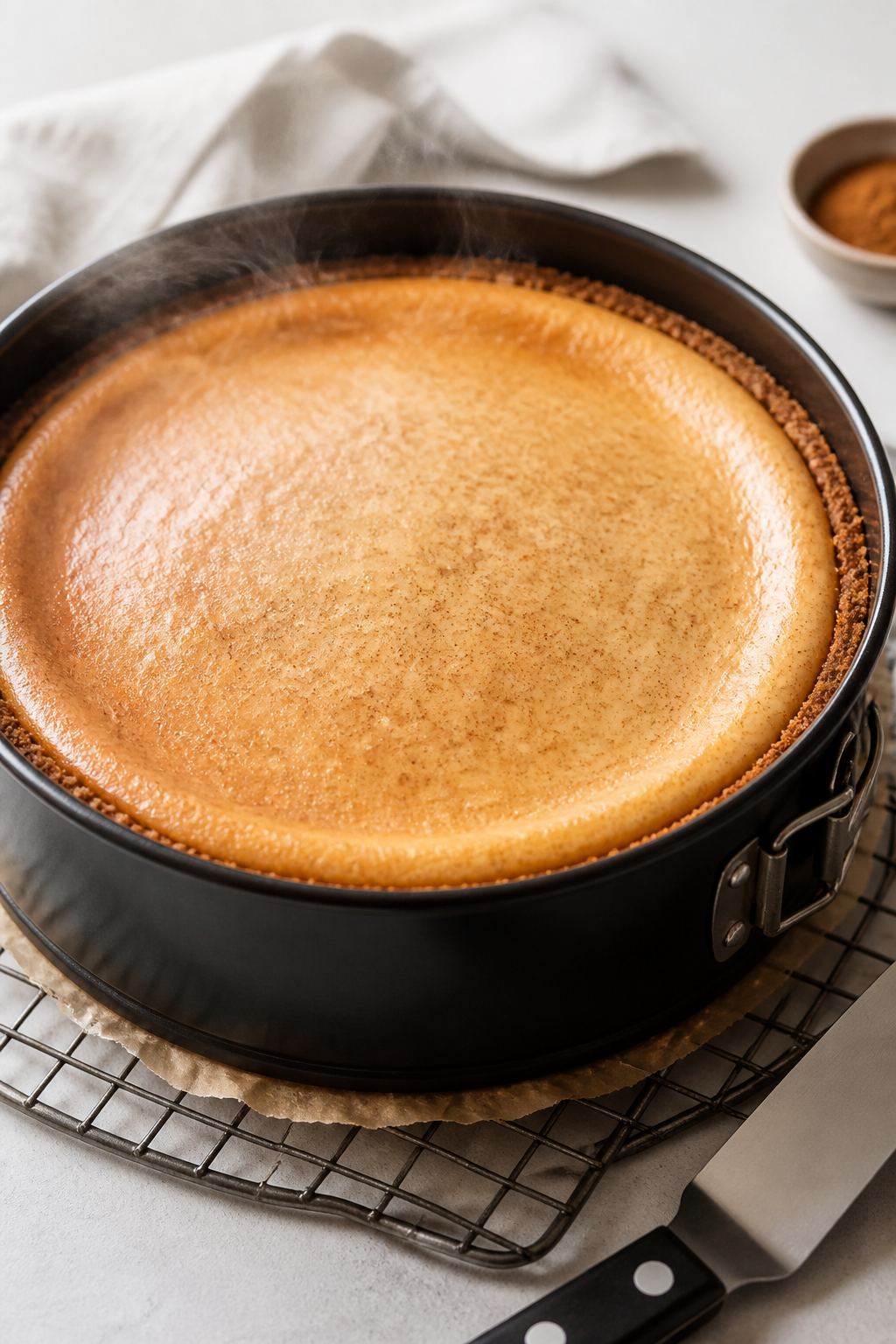 Close-up detail: A freshly baked high-protein cinnamon sugar cheesecake just out of the oven, still 