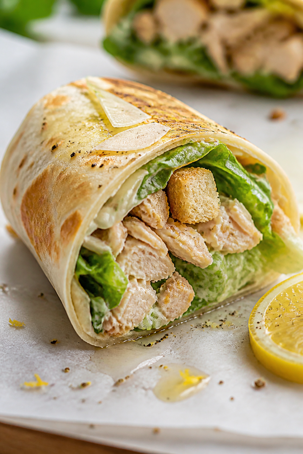 Close-up detail: A freshly seared Chicken Caesar protein wrap half, sliced on the diagonal, showing 