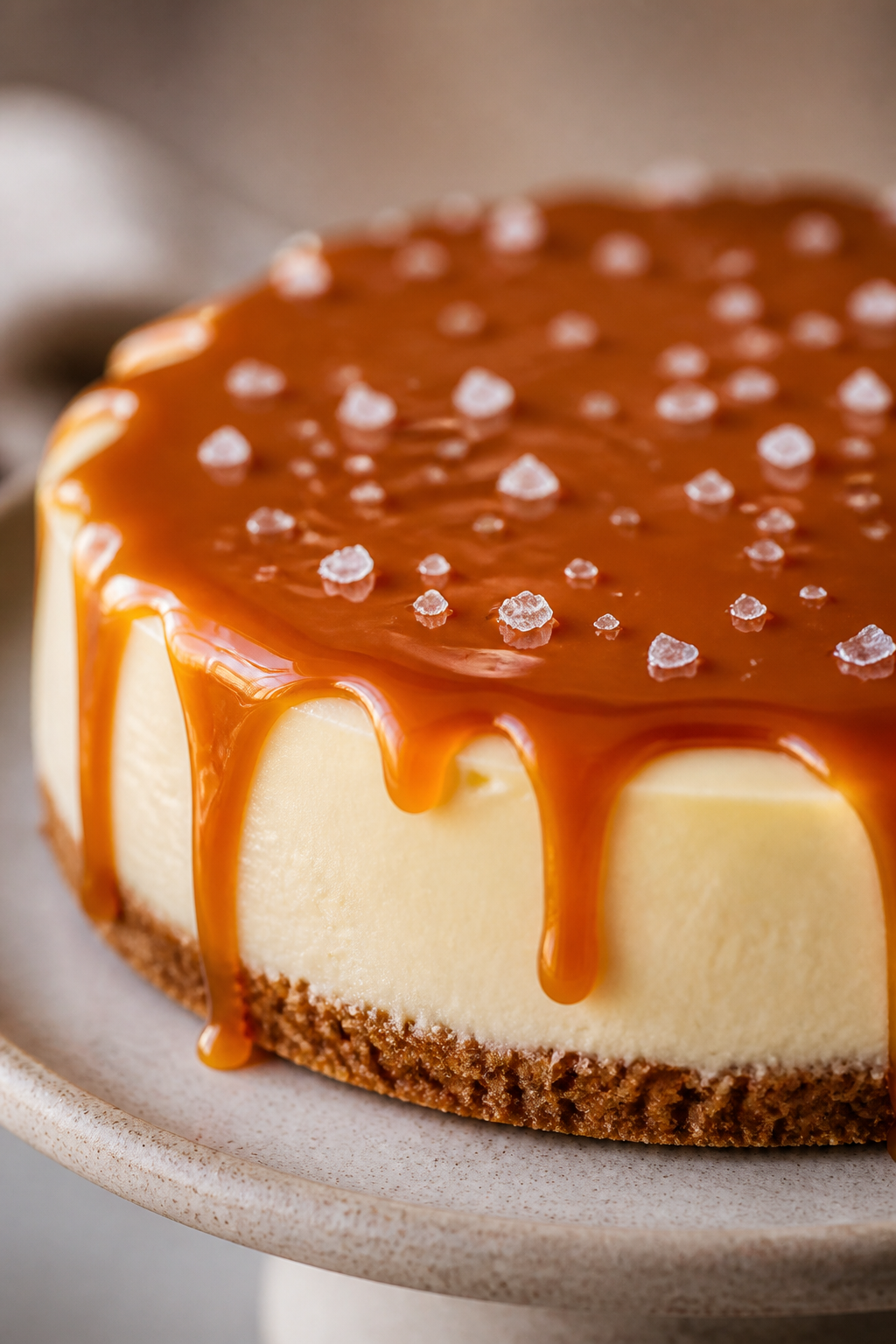 Close-up detail: A glossy drizzle of salted caramel cascading over a perfectly set, chilled high-pro