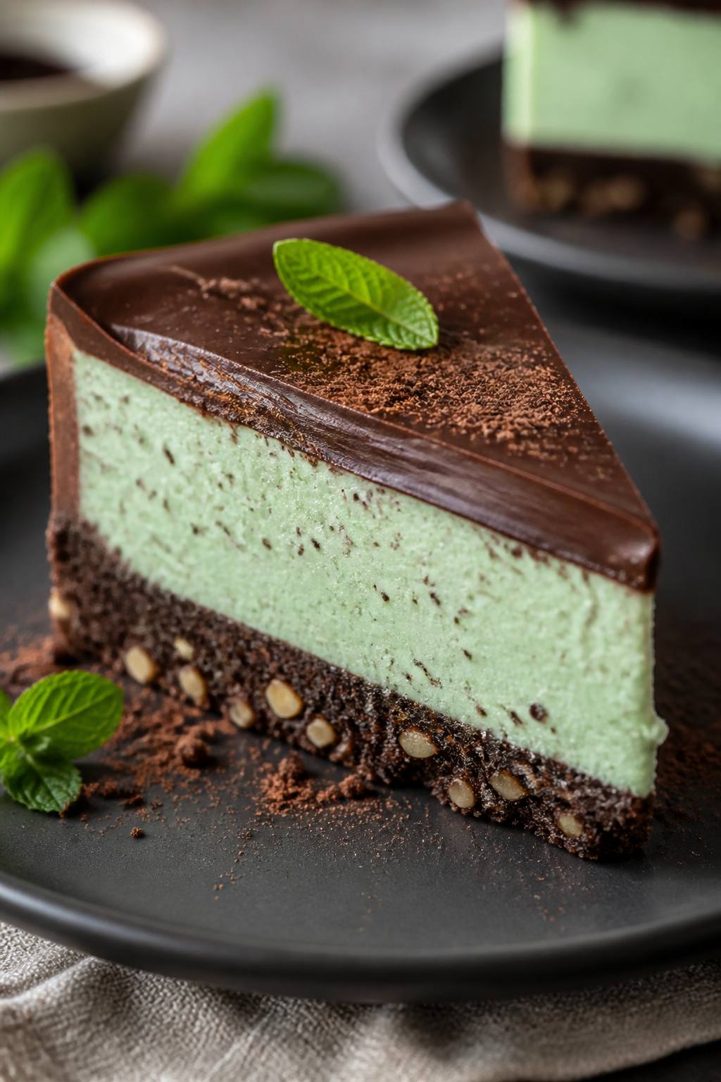 Close-up detail: A glossy slice of high protein mint chocolate cheesecake just cut, showing the silk