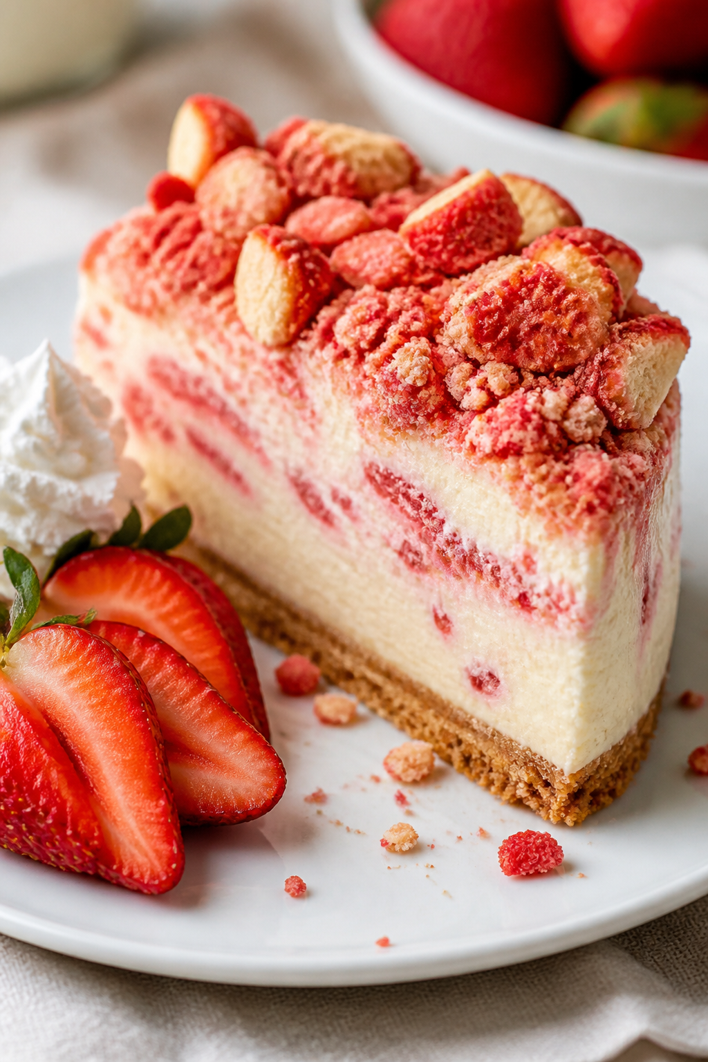 Close-up detail: A glossy slice of High Protein Strawberry Crunch Cheesecake just cut, showing the c