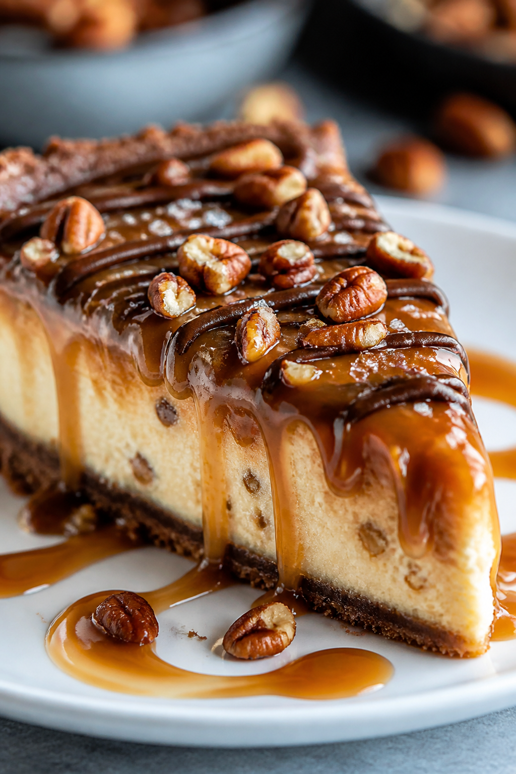 Close-up detail: A glossy slice of High Protein Turtle Pecan Cheesecake just after chilling, caramel
