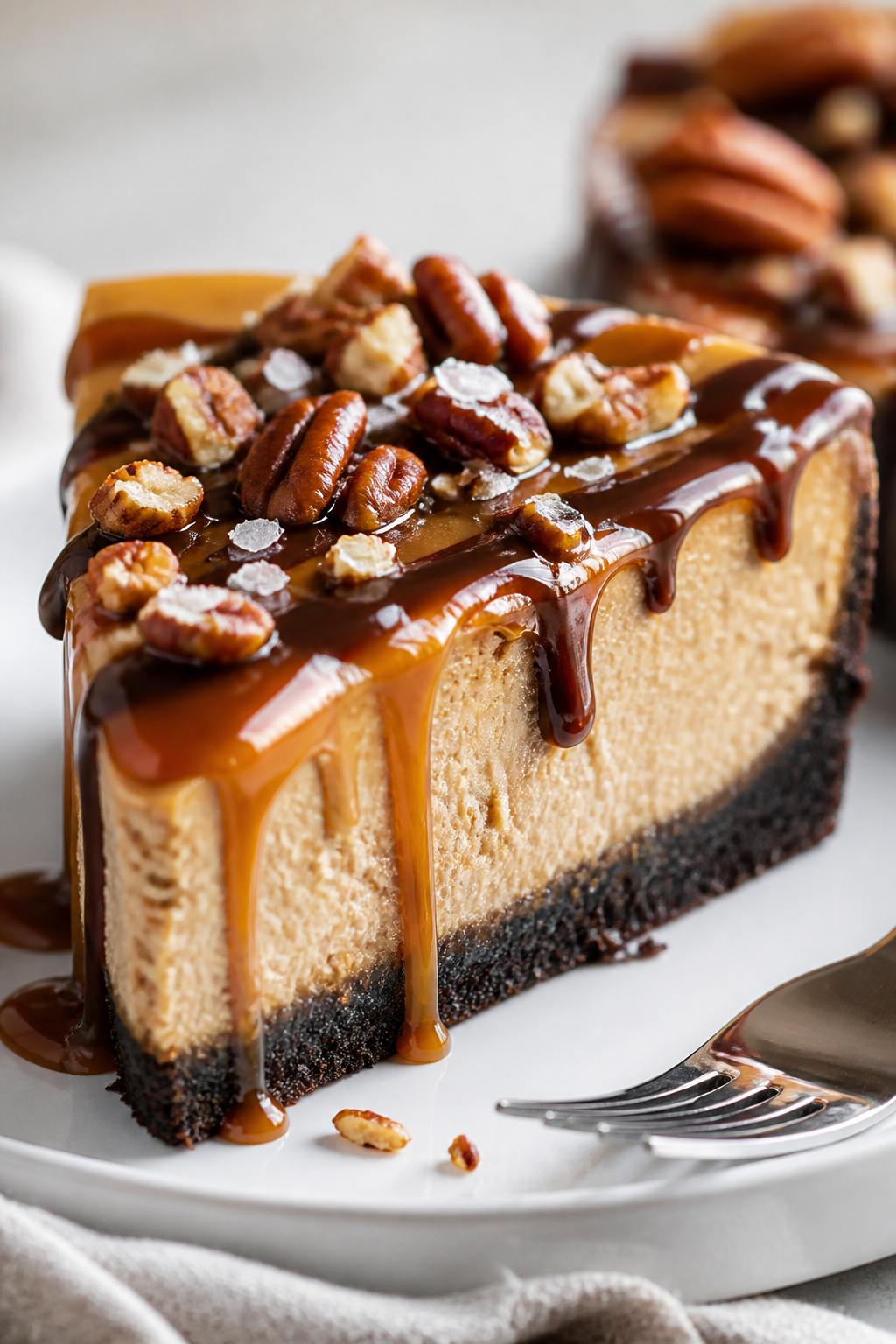 Close-up detail: A glossy slice of High Protein Turtle Cheesecake on a matte white dessert plate, sh