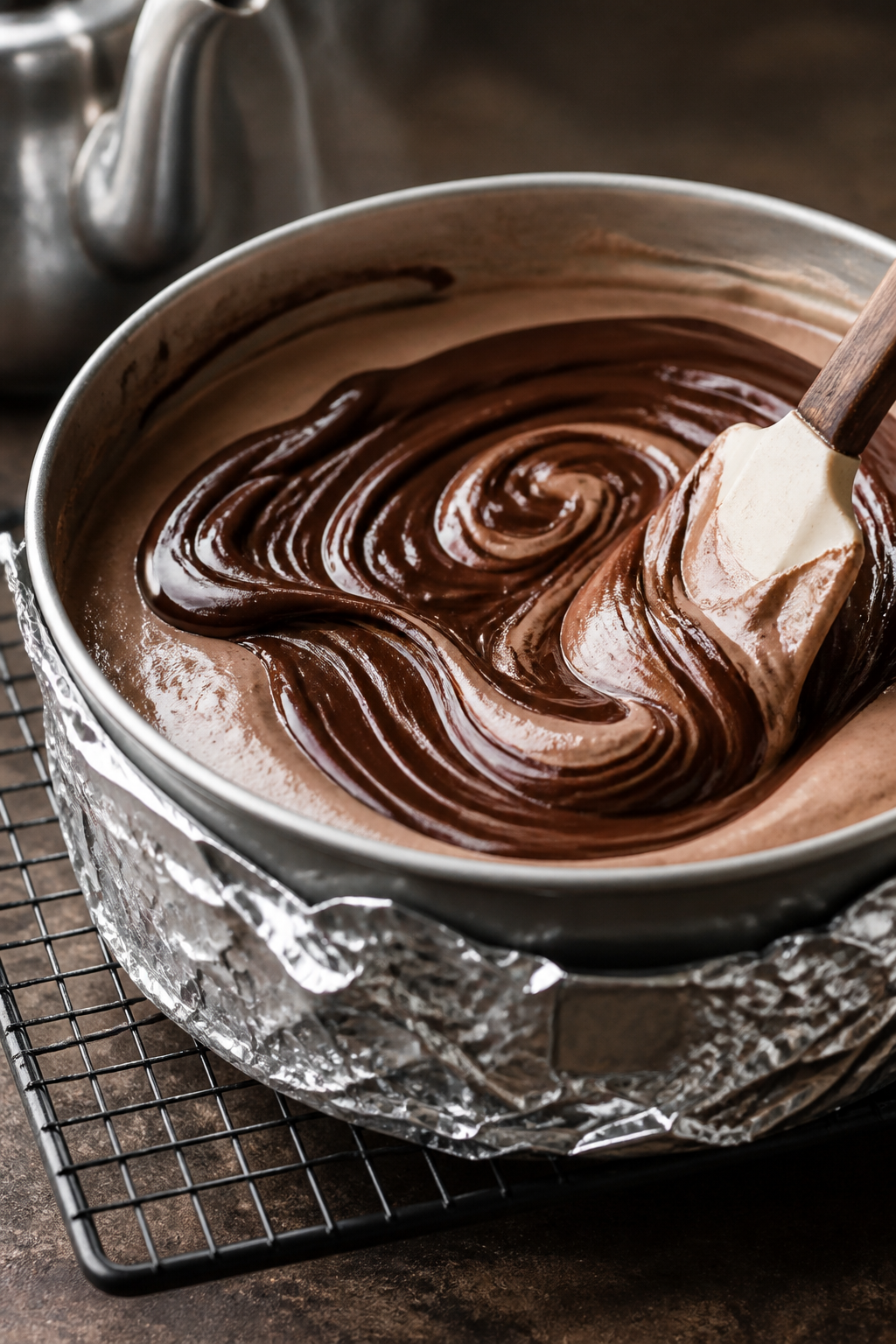Close-up detail: A glossy swirl of melted 60–70% dark chocolate being folded just 3–4 times into