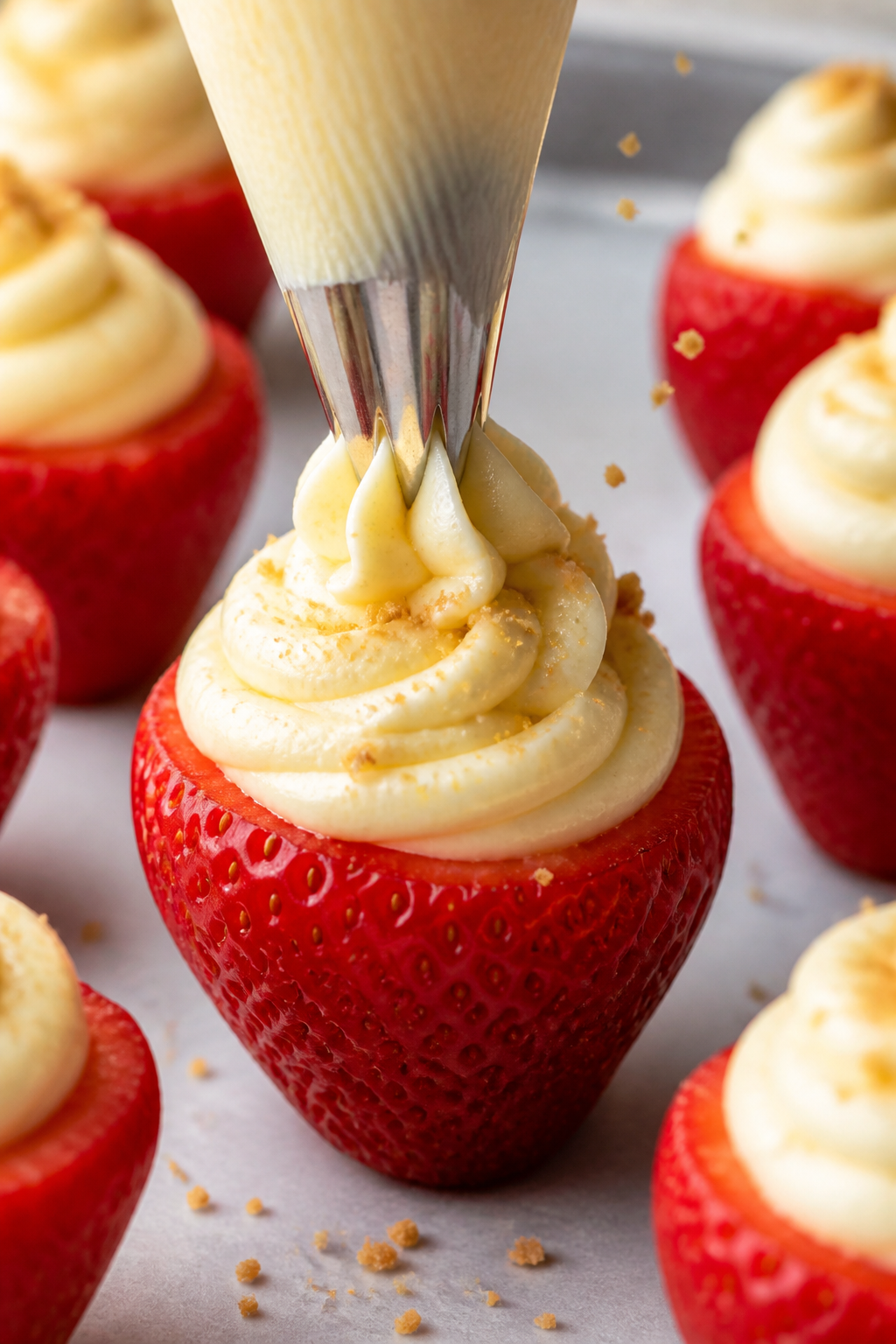 Close-up detail: A halved, hulled strawberry being neatly filled with a thick, creamy cheesecake mix