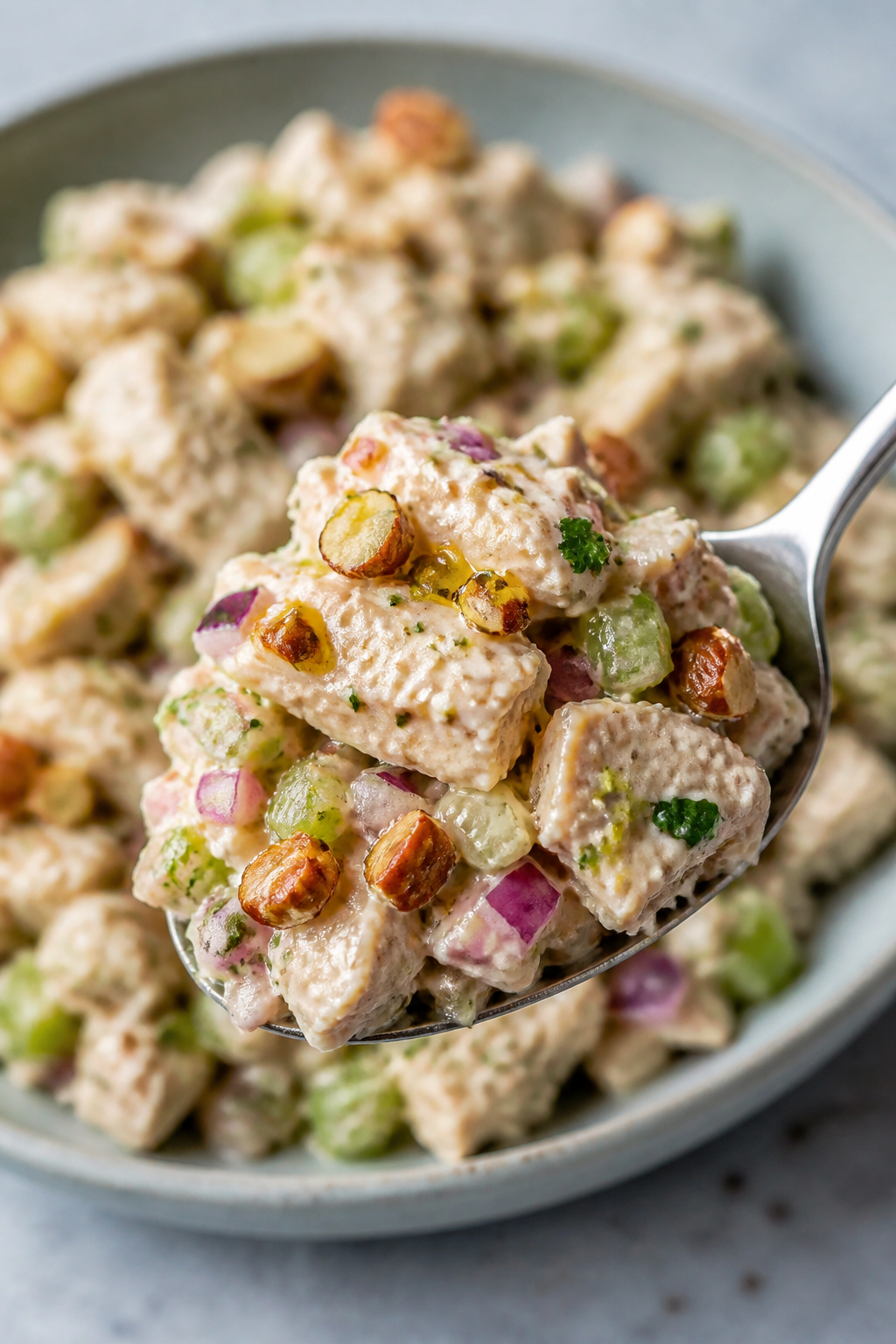 Close-up detail: A heaping spoonful of hot honey chicken salad showing tender chopped chicken coated