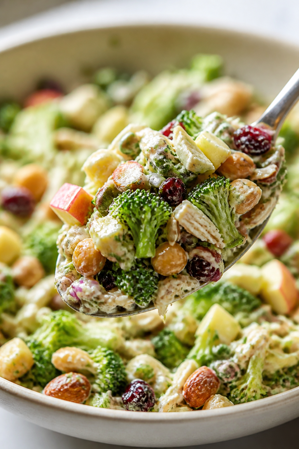 Close-up detail: A heaping spoonful of prepared High Protein Broccoli Crunch Salad mid-toss in a lar