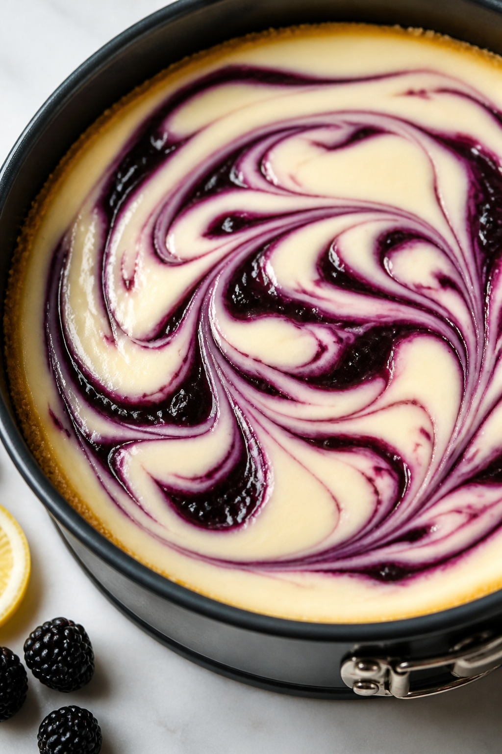 Close-up detail: A just-baked blackberry-lemon cheesecake still in a 9-inch springform pan, edges se