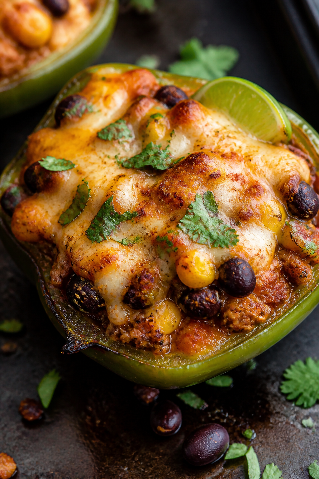 Close-up detail: A just-baked taco stuffed pepper half on a dark sheet pan, cheese bubbly and lightl