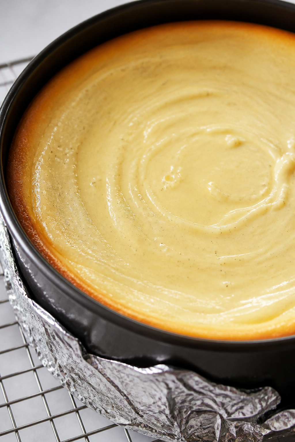 Close-up detail: A just-baked vanilla bean cheesecake still in the 9-inch springform pan, edges set 