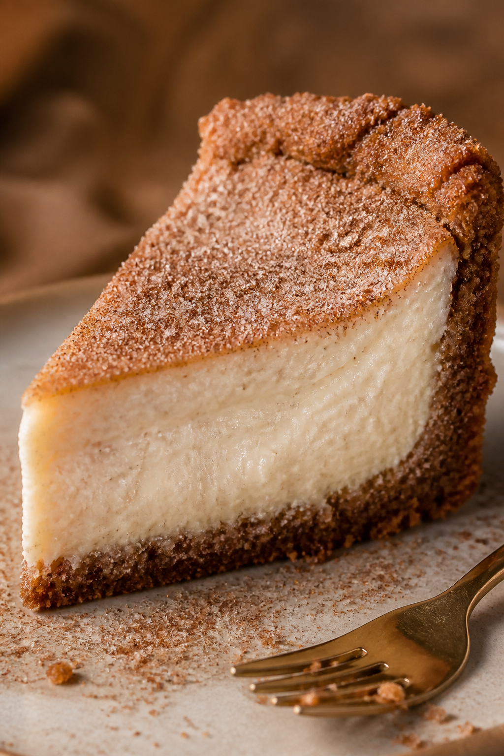 Close-up detail: A just-chilled slice of High Protein Churro Cheesecake with a golden cinnamon-sugar