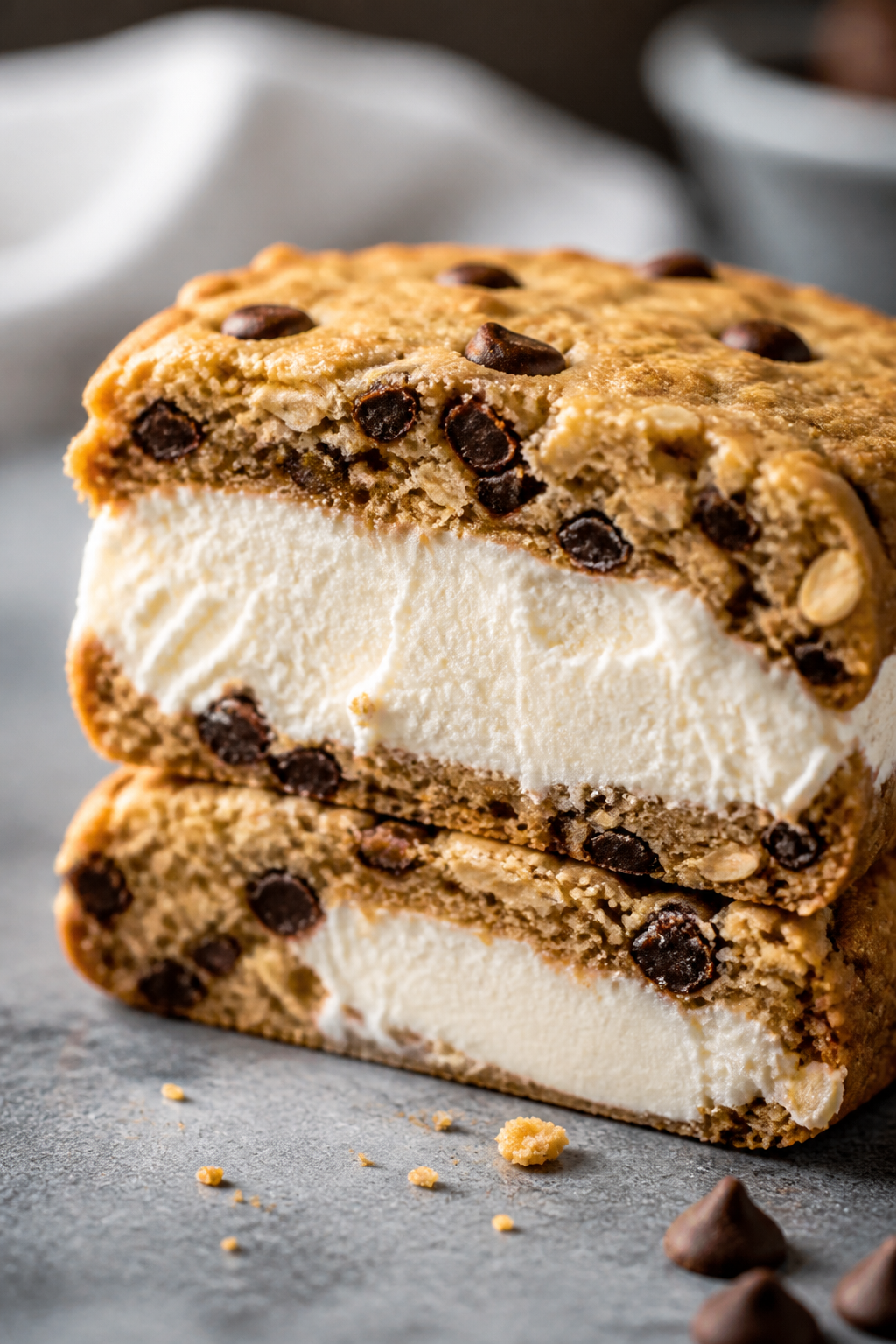 Close-up detail: A just-sliced high protein cheesecake ice cream sandwich showing thick, glossy whip