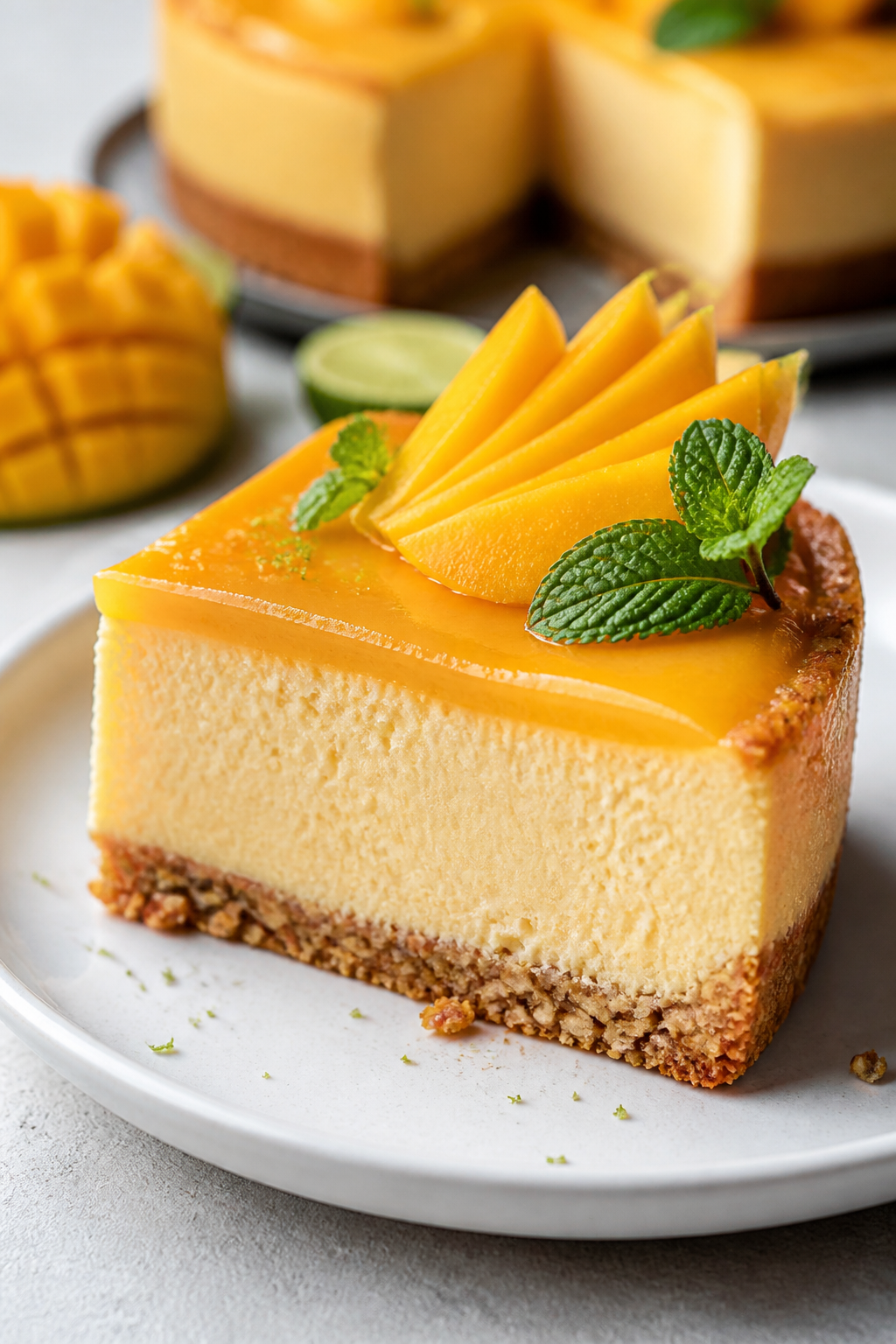 Close-up detail: A just-sliced piece of high-protein mango cheesecake showing a silky, creamy interi