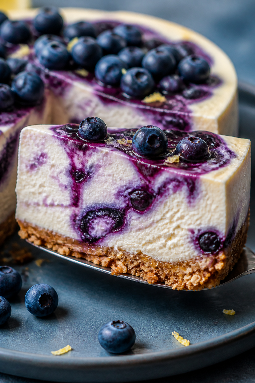 Close-up detail: A just-sliced wedge of High Protein Blueberry Cheesecake lifted slightly from the s