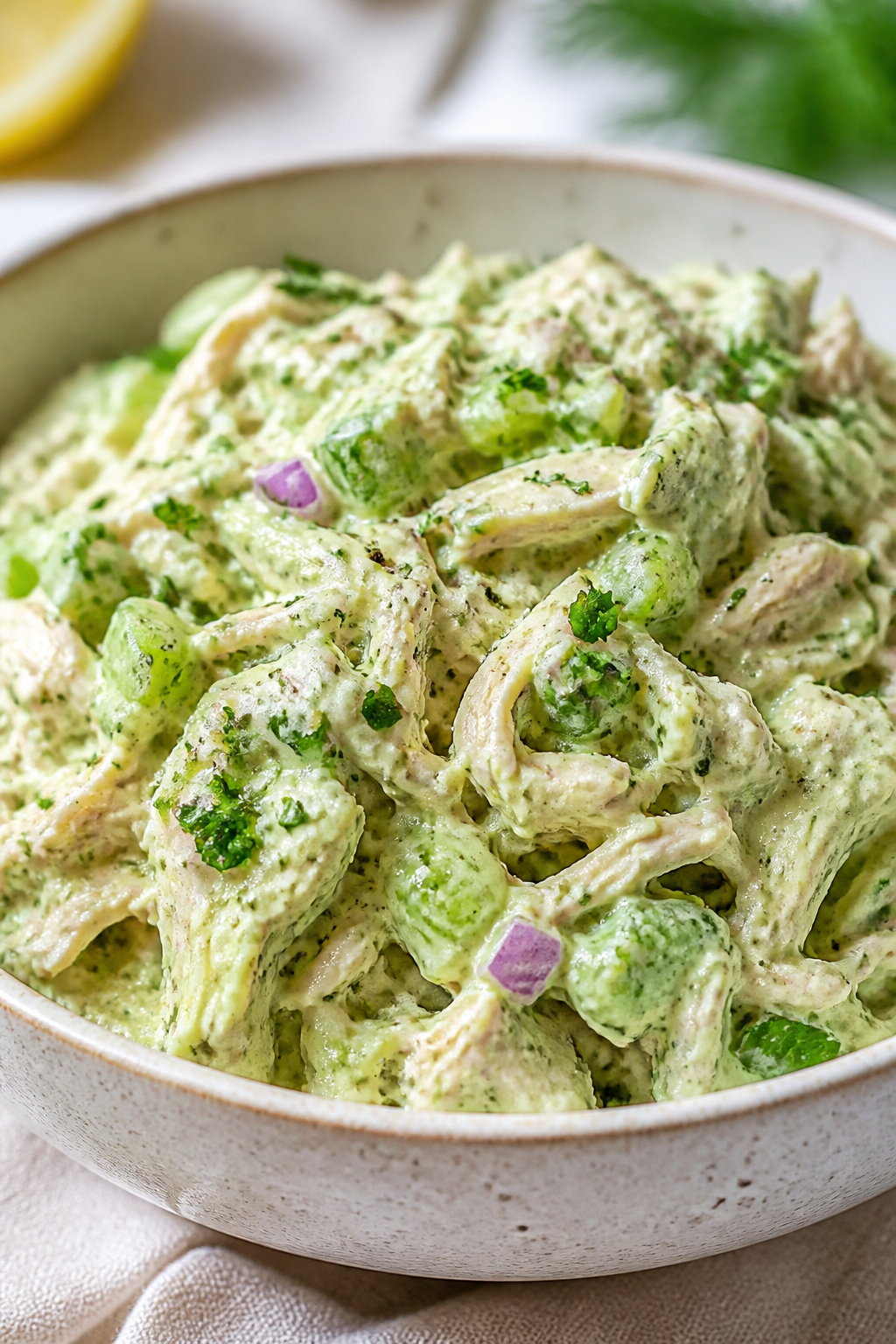 Close-up detail: A mound of Avocado Ranch Chicken Salad freshly mixed and chilled, showing glossy, v