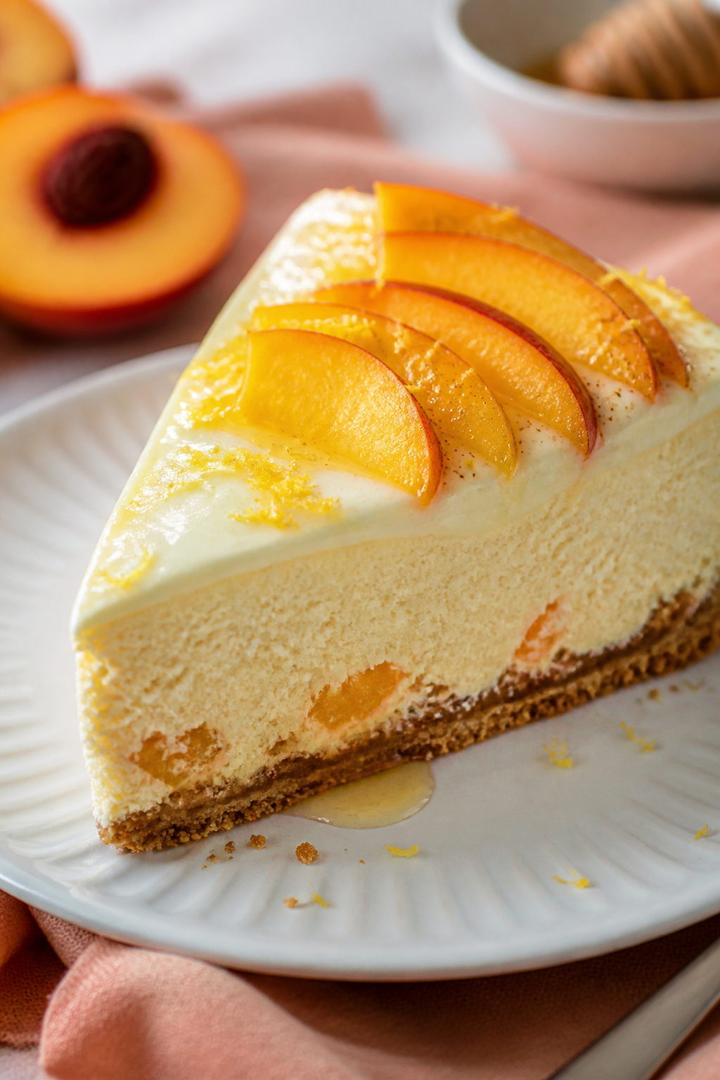 Close-up detail: A perfectly baked high-protein peach cheesecake slice, showing the silky, blended f