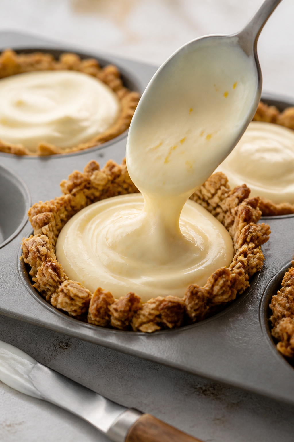 Close-up detail: A set granola cup with creamy cheesecake filling being spooned in, showing the cris
