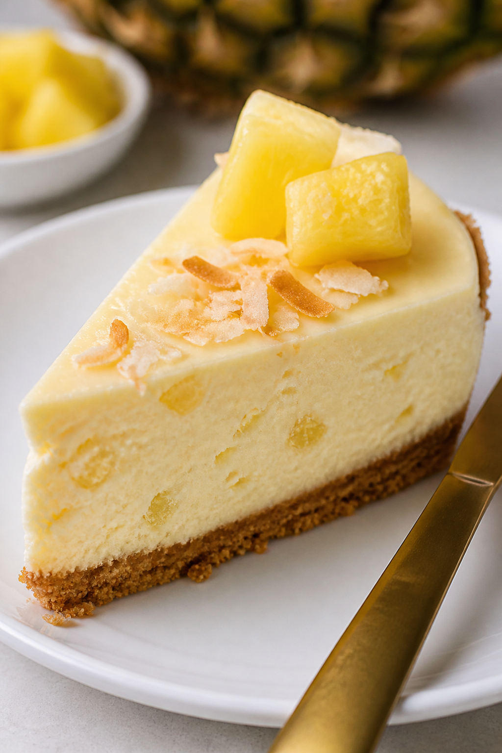 Close-up detail: A silky slice of High Protein Pineapple Cheesecake just after chilling, clean cut s