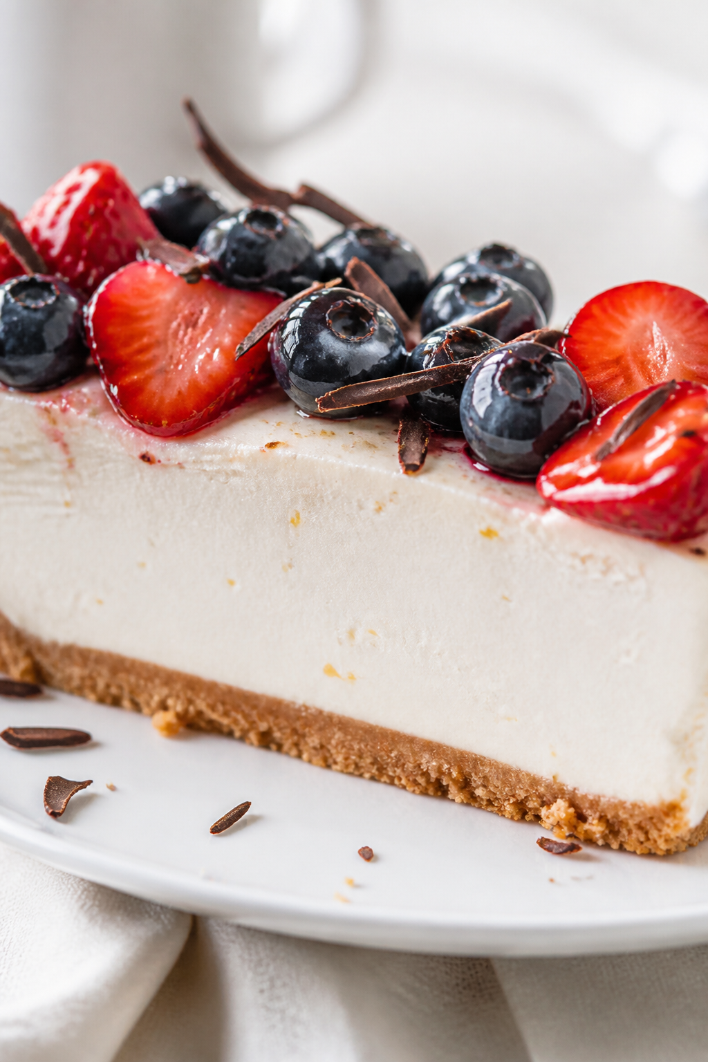 Close-up detail: A silky slice of no-bake high protein cheesecake just cut, showing ultra-smooth, cr