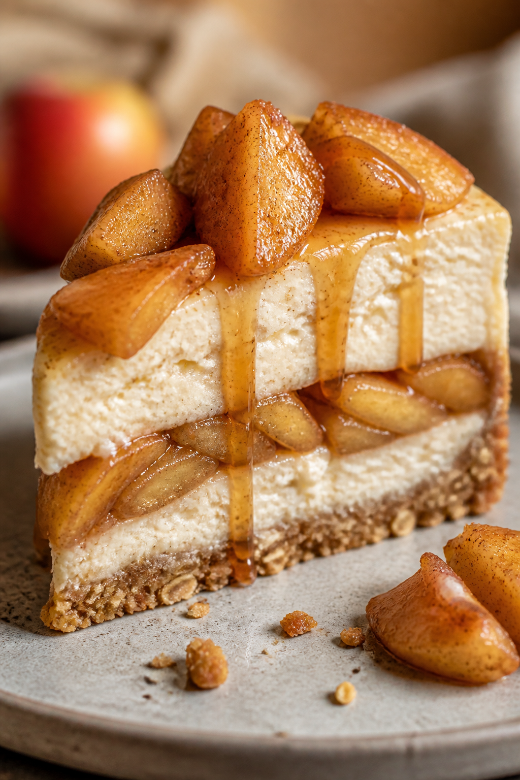 Close-up detail: A slice of High Protein Apple Pie Cheesecake just cut, showing silky, creamy cheese