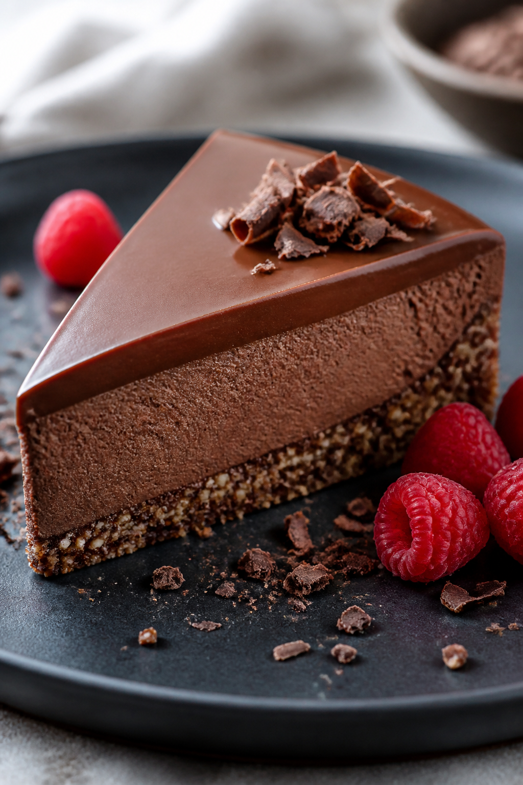 Close-up detail: A slice of high-protein chocolate cheesecake just after chilling, clean wedge with 