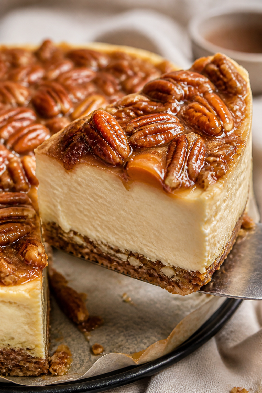 Close-up detail: A slice of High Protein Pecan Pie Cheesecake just cut and lifted slightly from the 