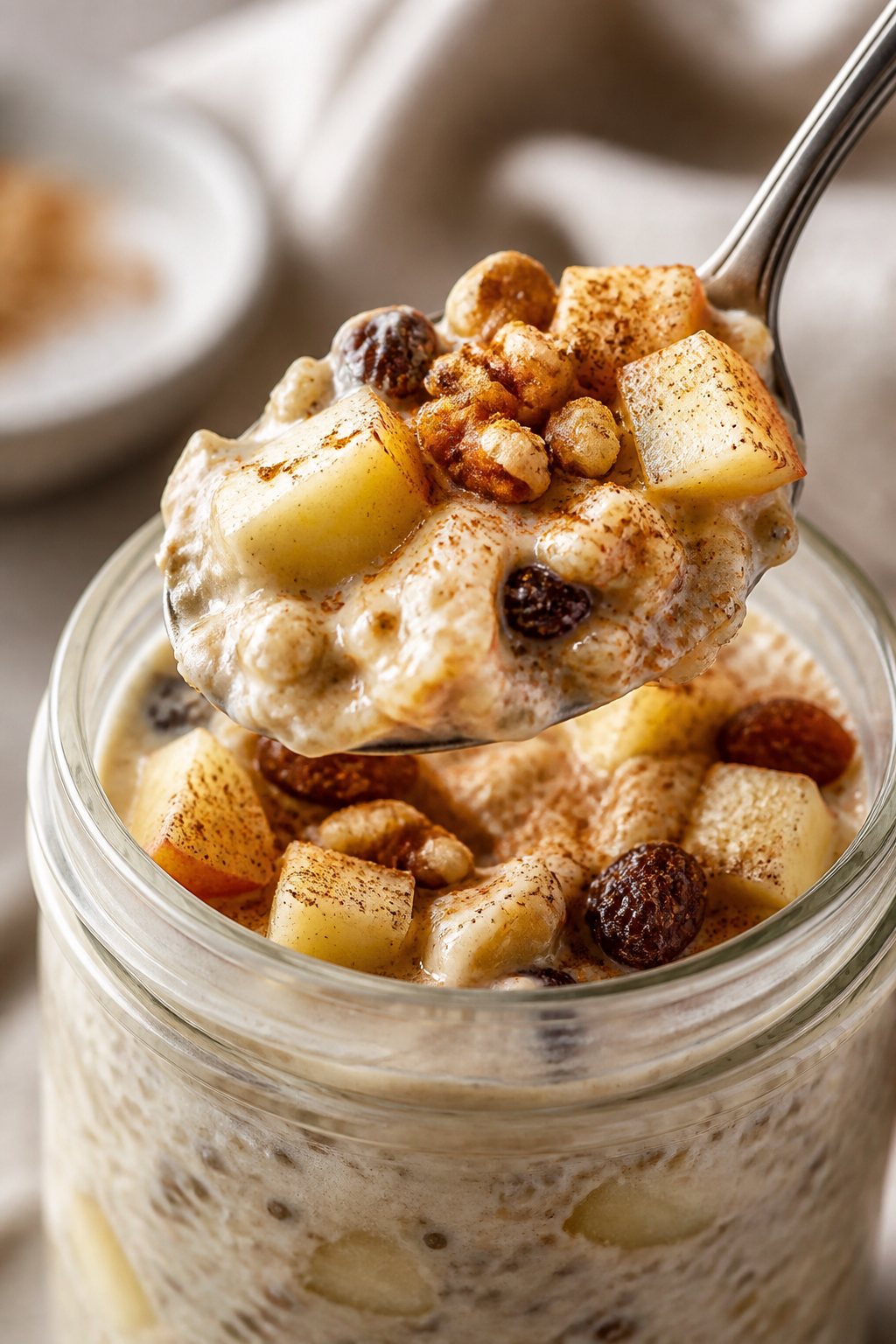 Close-up detail: A spoon scooping creamy Apple Pie High Protein Overnight Oats from a glass jar, sho