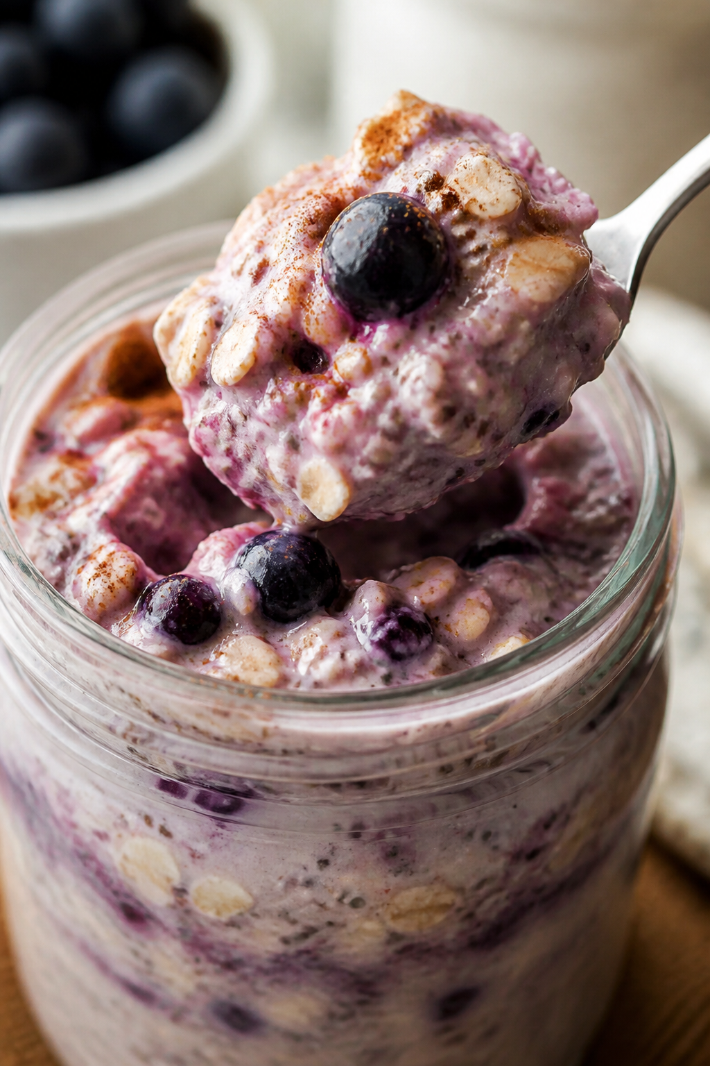 Close-up detail: A spoon scooping into thick, creamy blueberry muffin overnight oats in a glass jar,
