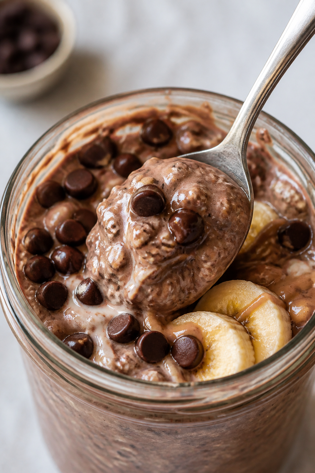 Close-up detail: A spoon scooping into thick, creamy chocolate banana high protein overnight oats ju