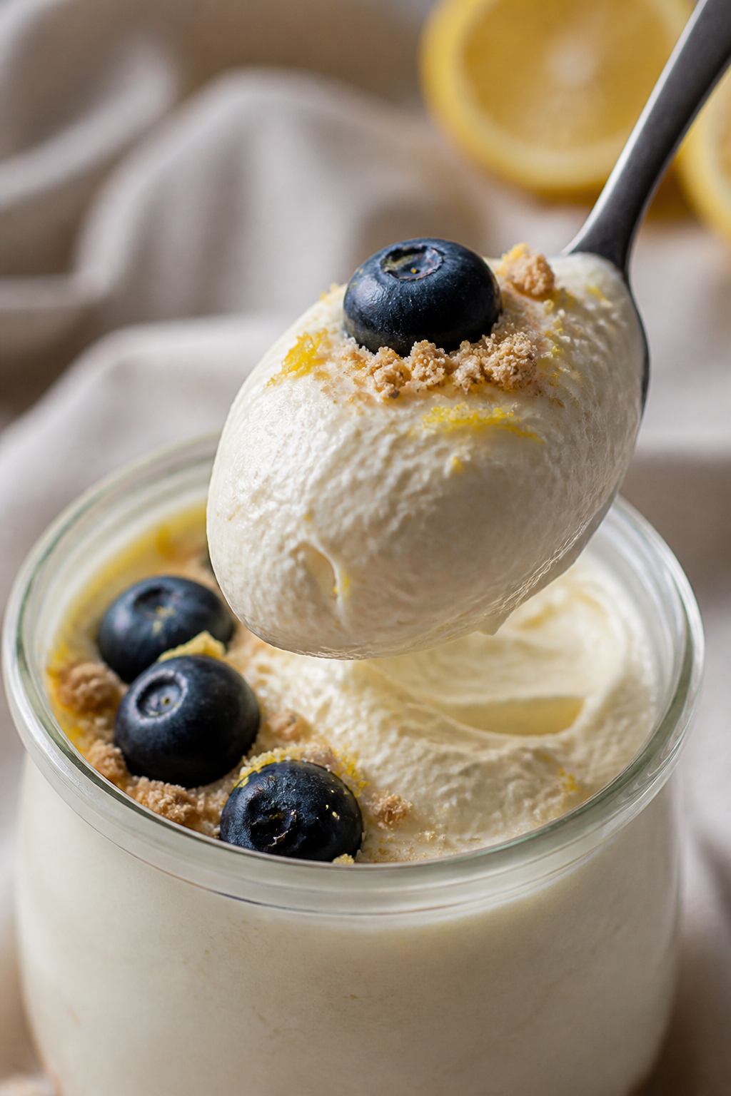 Close-up detail: A spoonful of high protein cheesecake mousse being lifted from a chilled glass jar,