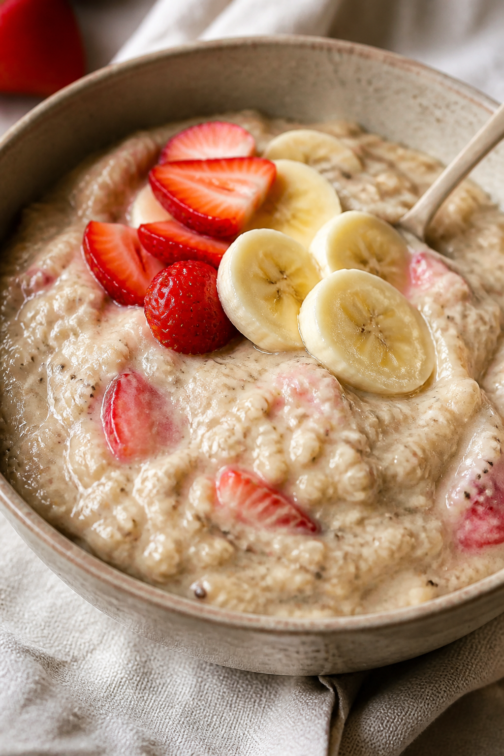 Close-up detail: A steaming bowl of strawberry banana protein oatmeal just off the stove, ultra-crea