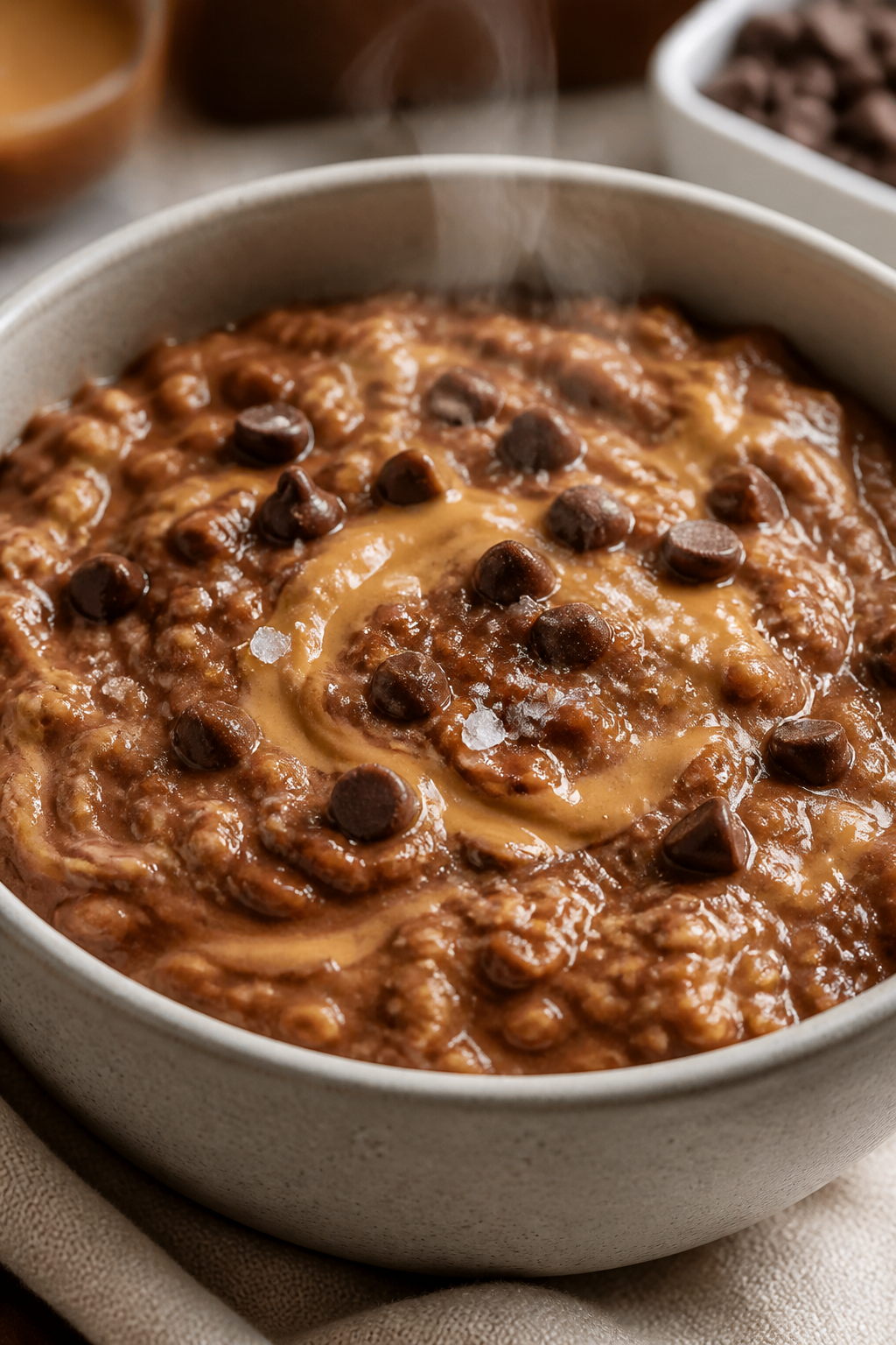 Close-up detail: A warm bowl of cooked peanut butter cup high-protein oatmeal just off the stove, th