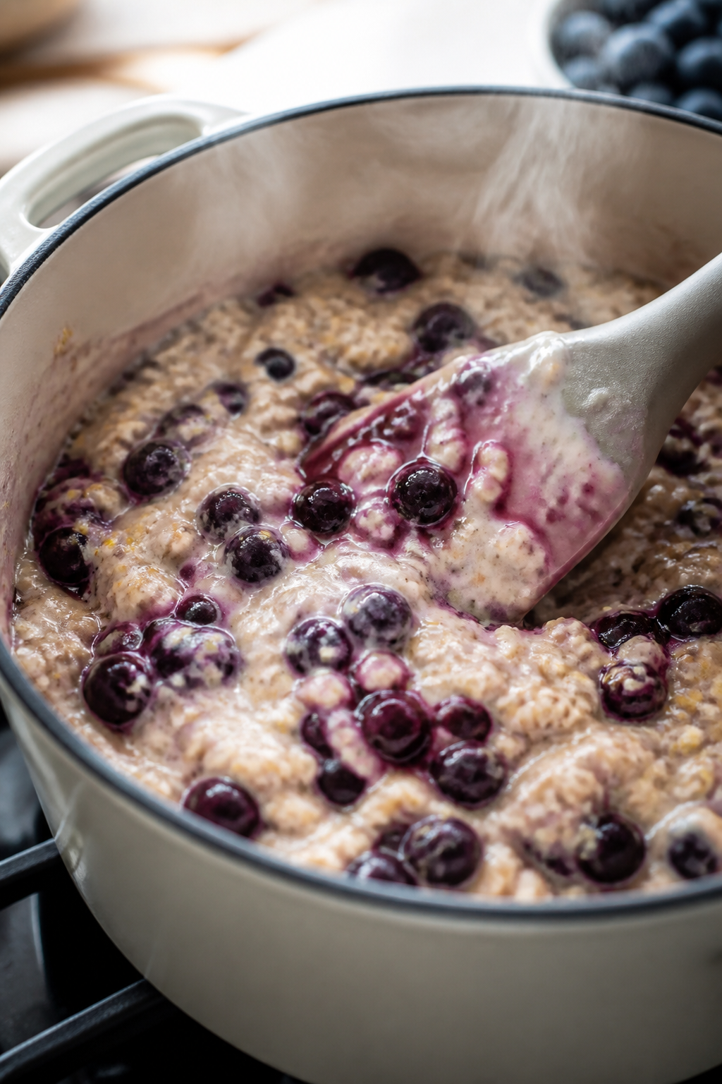 Close-up detail: A warm pot of blueberry cobbler protein oatmeal mid-simmer, showing burst, jammy bl